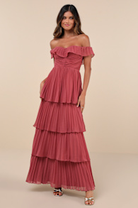 Always Remarkable Rusty Rose Pleated Off-the-Shoulder Maxi Dress 1