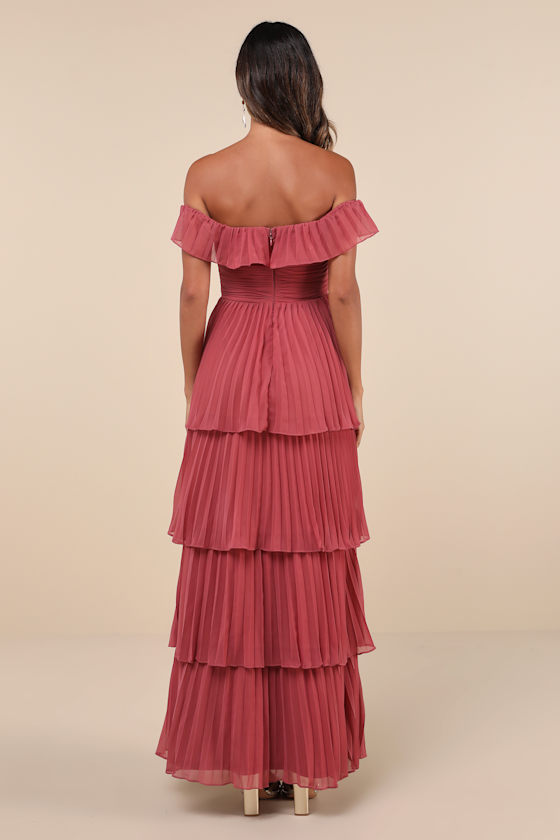 Lulus Always Remarkable Rusty Rose Pleated Off-the-shoulder Maxi Dress In Pink