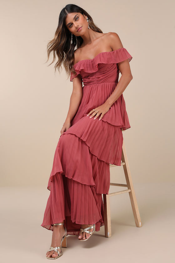 Lulus Always Remarkable Rusty Rose Pleated Off-the-shoulder Maxi Dress In Pink