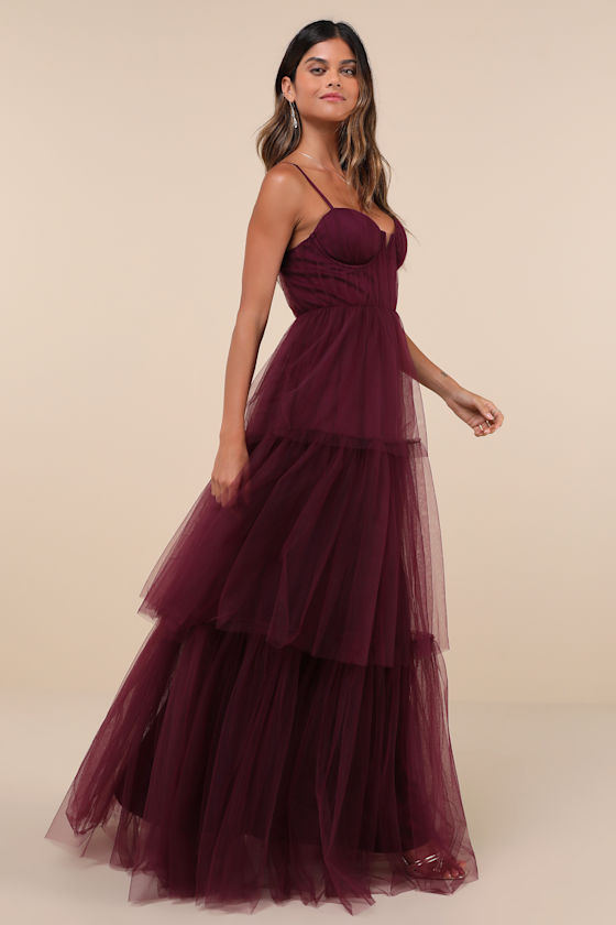 Plum Purple Maxi Dress - Bustier Gown - Tiered Bridesmaid