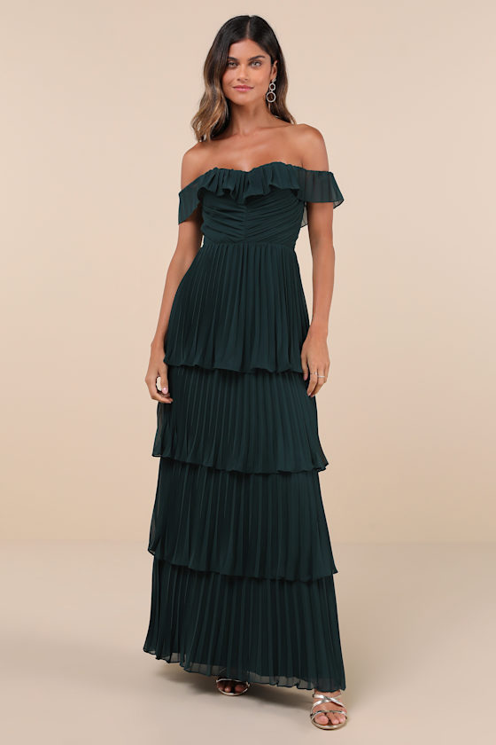 Lulus Always Remarkable Emerald Pleated Off-the-shoulder Maxi Dress In Green