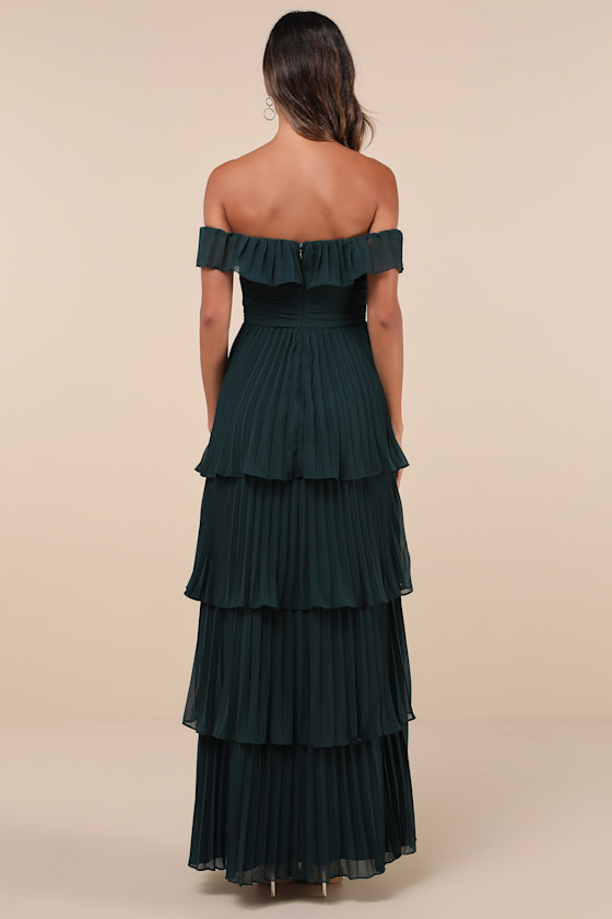 Lulus Always Remarkable Emerald Pleated Off-the-shoulder Maxi Dress In Green