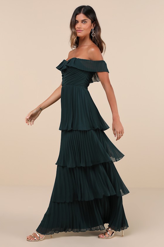Lulus Always Remarkable Emerald Pleated Off-the-shoulder Maxi Dress In Green
