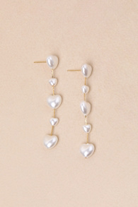 Endlessly Lovable Gold and White Pearl Heart Drop Earrings 1