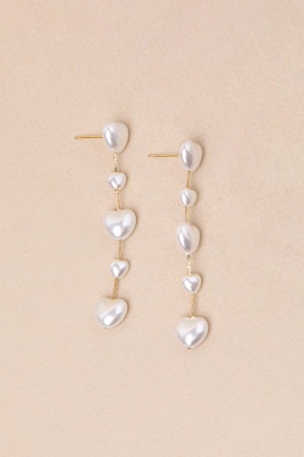 Endlessly Lovable Gold and White Pearl Heart Drop Earrings 1