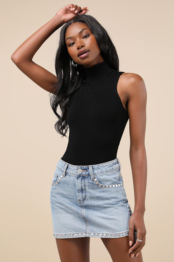 Edgy Sweetness Light Wash Denim Studded Mini Skirt 3