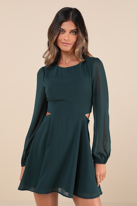 Lulus Garden Bliss Emerald Green Long Sleeve Cutout Mini Dress In Emerald Green