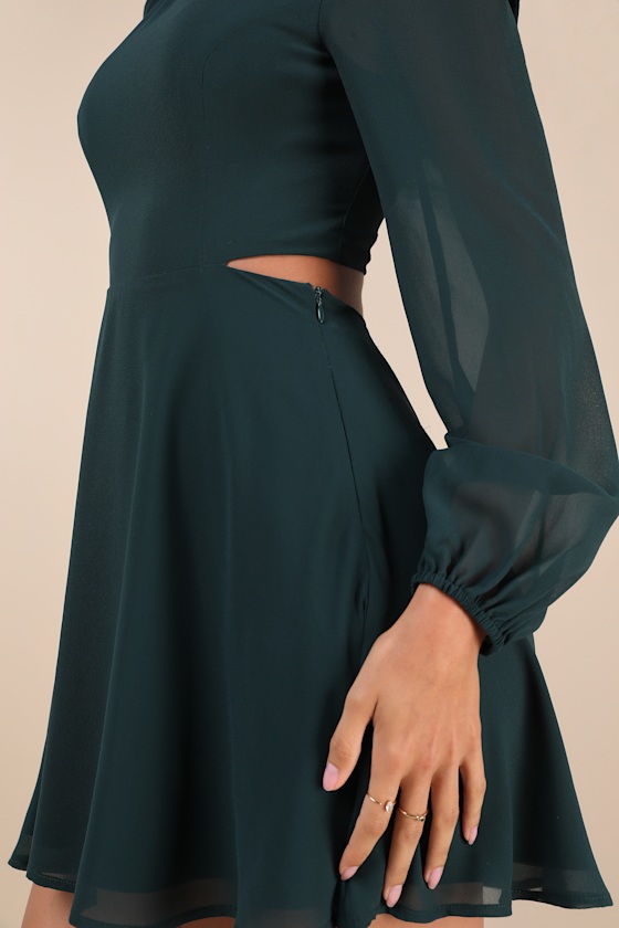 Lulus Garden Bliss Emerald Green Long Sleeve Cutout Mini Dress In Emerald Green