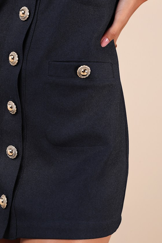 Lulus Crush-worthy Charm Navy Button-front Mini Dress With Pockets In Navy