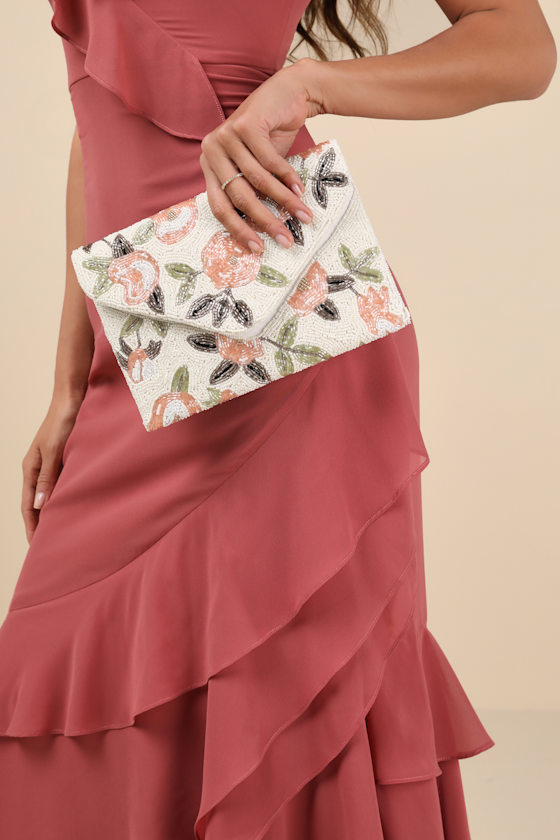 Radiant Blooms Ivory Beaded Floral Envelope Clutch
