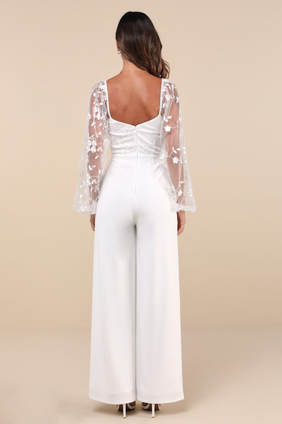Lulus Darling Charisma White Mesh Embroidered Jumpsuit In White
