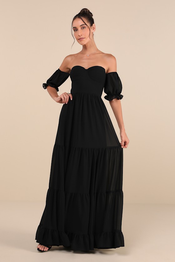 LULUS EXCEPTIONALLY GORGEOUS BLACK CHIFFON OFF-THE-SHOULDER MAXI DRESS