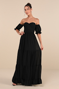 Exceptionally Gorgeous Black Chiffon Off-the-Shoulder Maxi Dress 4