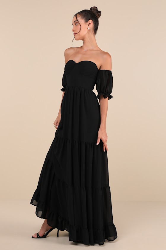 LULUS EXCEPTIONALLY GORGEOUS BLACK CHIFFON OFF-THE-SHOULDER MAXI DRESS