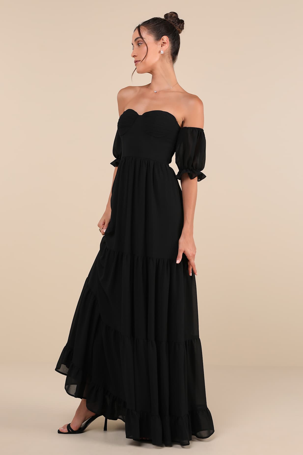 Exceptionally Gorgeous Black Chiffon Off-the-Shoulder Maxi Dress