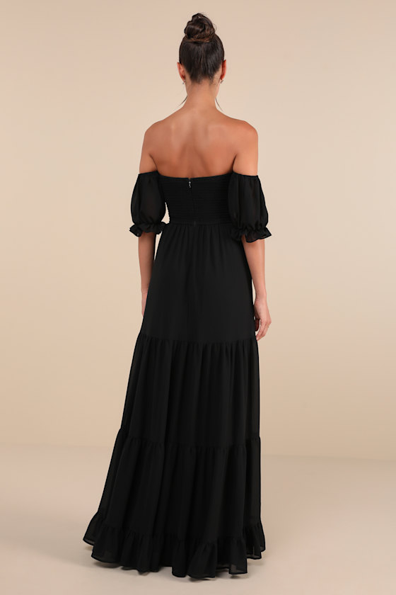 LULUS EXCEPTIONALLY GORGEOUS BLACK CHIFFON OFF-THE-SHOULDER MAXI DRESS
