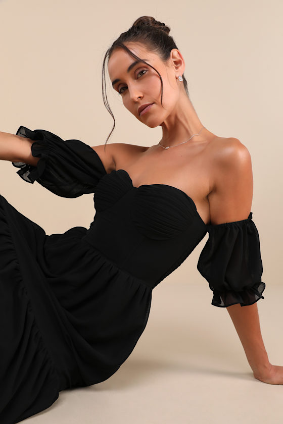 LULUS EXCEPTIONALLY GORGEOUS BLACK CHIFFON OFF-THE-SHOULDER MAXI DRESS