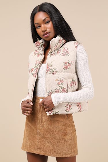 Beige Jacquard Puffer Vest Floral Puffy Vest Cute Puffer Vest