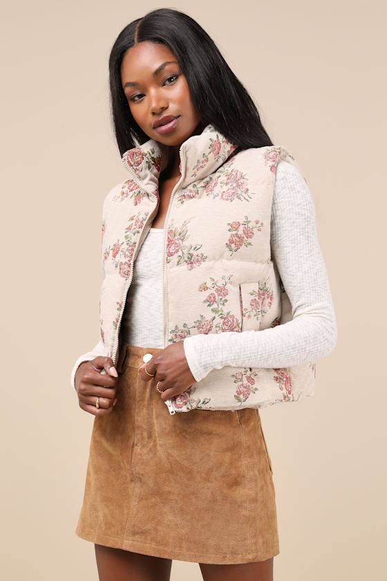 Darling Forecast Beige Jacquard Floral Puffer Vest 1