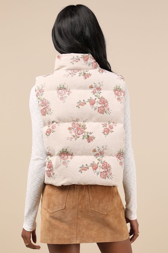 Darling Forecast Beige Jacquard Floral Puffer Vest 2