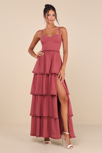 Sophisticated Occasion Rusty Rose Bustier Lace-Up Maxi Dress 1