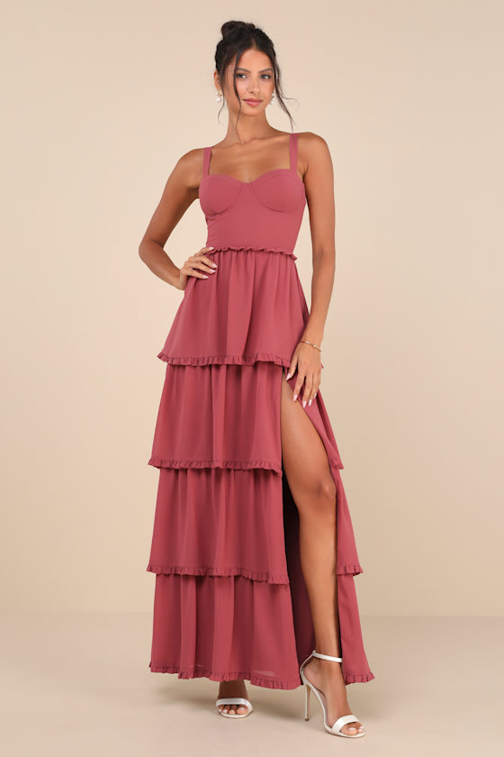 Sophisticated Occasion Rusty Rose Bustier Lace-Up Maxi Dress 1