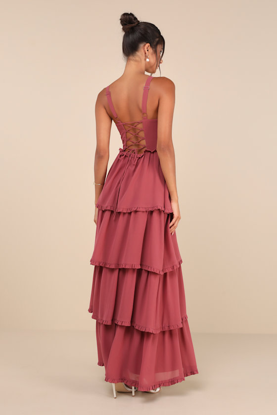 Sophisticated Occasion Rusty Rose Bustier Lace-Up Maxi Dress 2