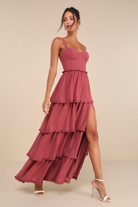 Lulus Sophisticated Occasion Rusty Rose Bustier Lace-up Maxi Dress In Pink