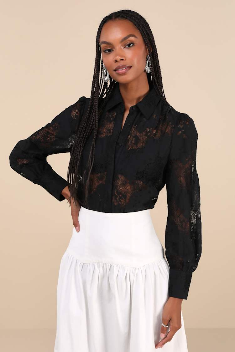 Black Sheer Lace Top - Collared Button-Up Top - Long Sleeve Top 