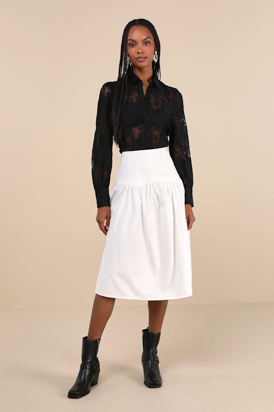 Black Sheer Lace Top - Collared Button-Up Top - Long Sleeve