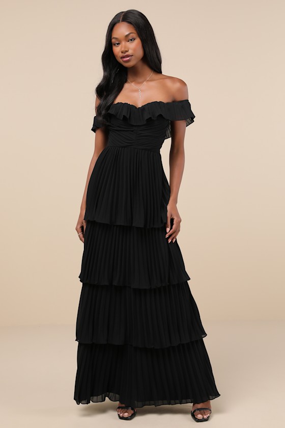 Always Remarkable Black Pleated Off-the-Shoulder Maxi Dress 3