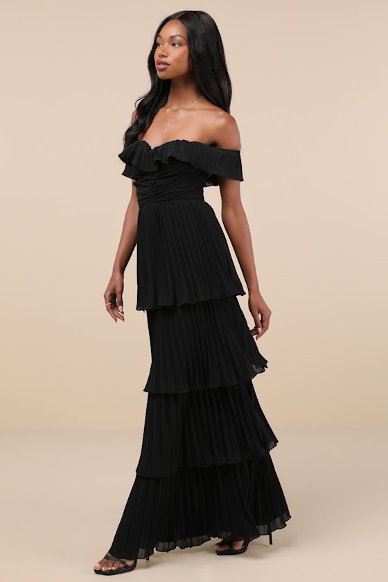 Shop Lulus Always Remarkable Black Pleated Off-the-shoulder Maxi Dress