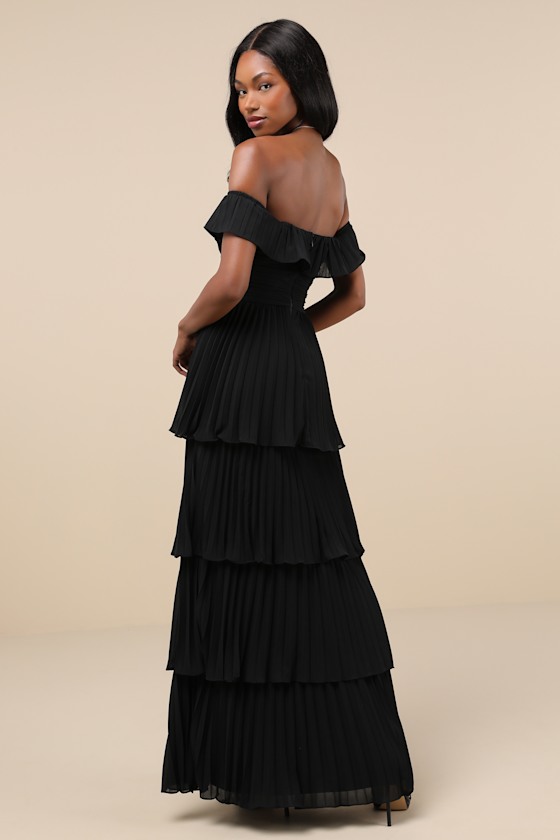 Shop Lulus Always Remarkable Black Pleated Off-the-shoulder Maxi Dress
