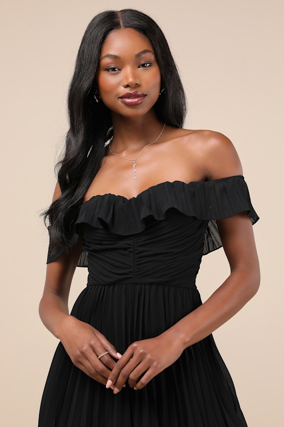 Shop Lulus Always Remarkable Black Pleated Off-the-shoulder Maxi Dress