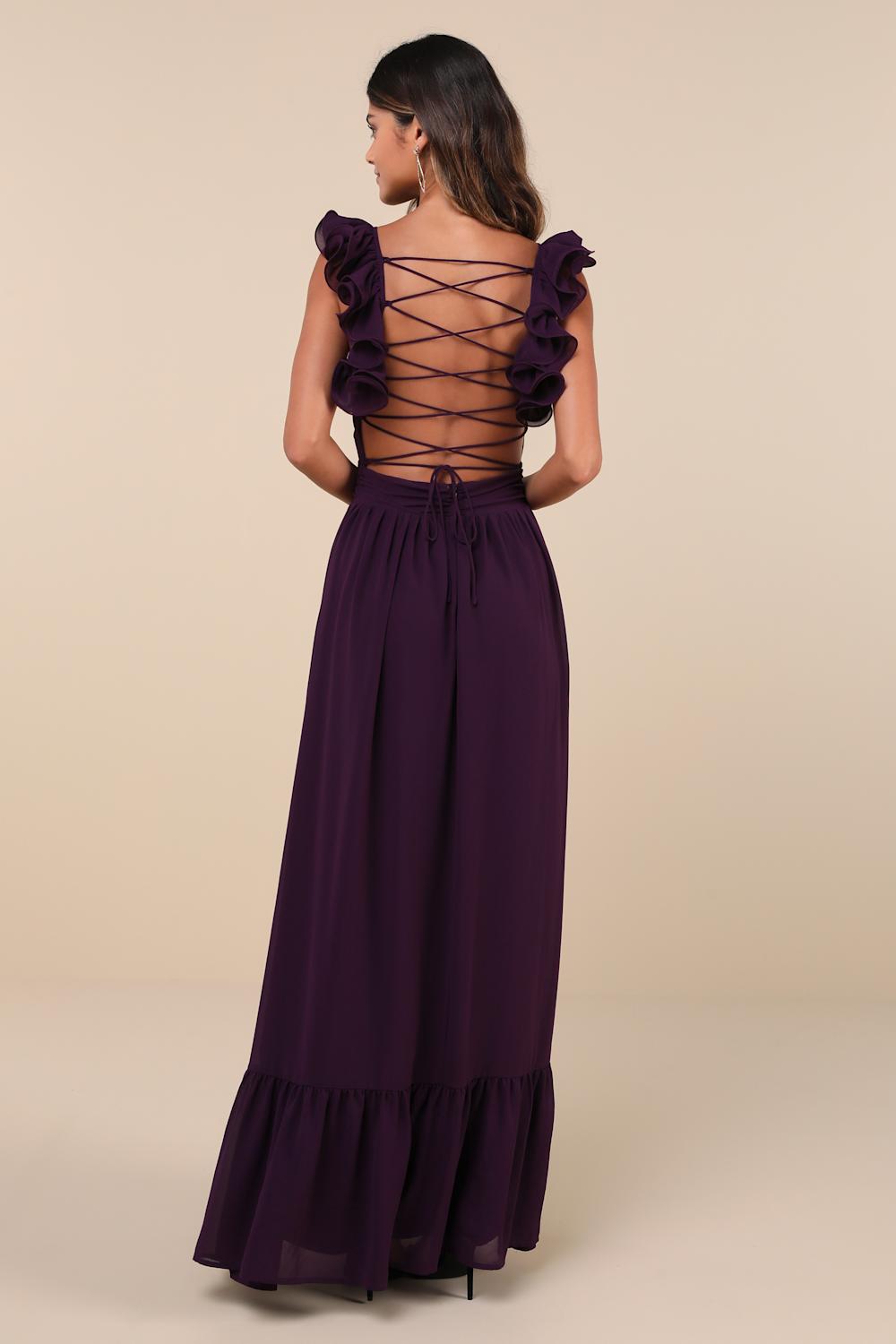 Soiree Celebration Purple Floral Ruffled Lace-Up Maxi Dress