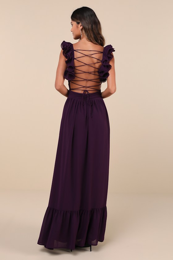 Soiree Celebration Purple Floral Ruffled Lace-Up Maxi Dress