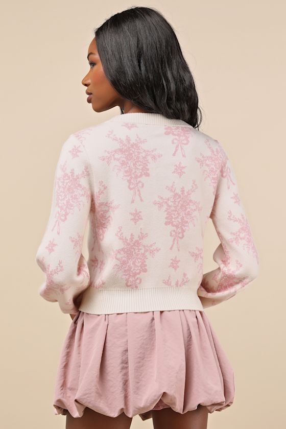 Lulus Precious Look Cream Toile Floral Balloon Sleeve Cardigan In White