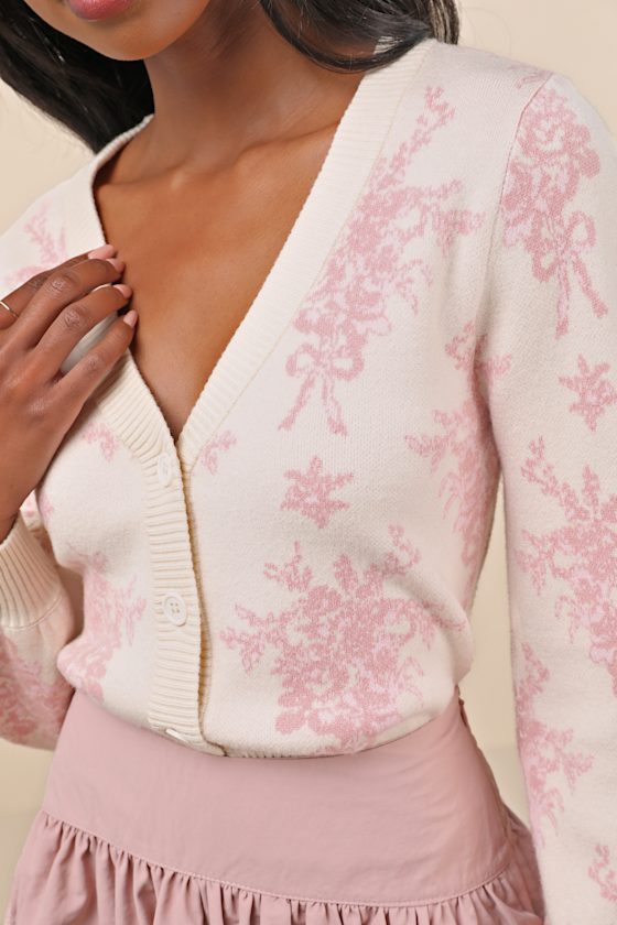 Lulus Precious Look Cream Toile Floral Balloon Sleeve Cardigan In White