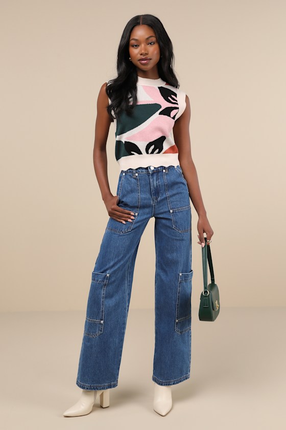 BLANKNYC FRANKLIN MEDIUM WASH COTTON DENIM HIGH-RISE WIDE-LEG CARGO JEANS 