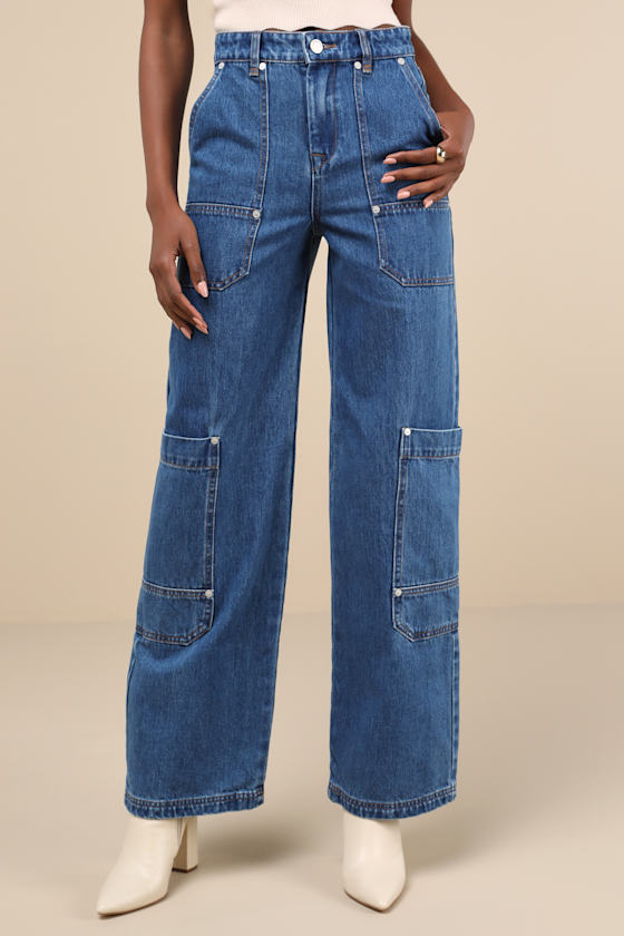 BLANKNYC FRANKLIN MEDIUM WASH COTTON DENIM HIGH-RISE WIDE-LEG CARGO JEANS 