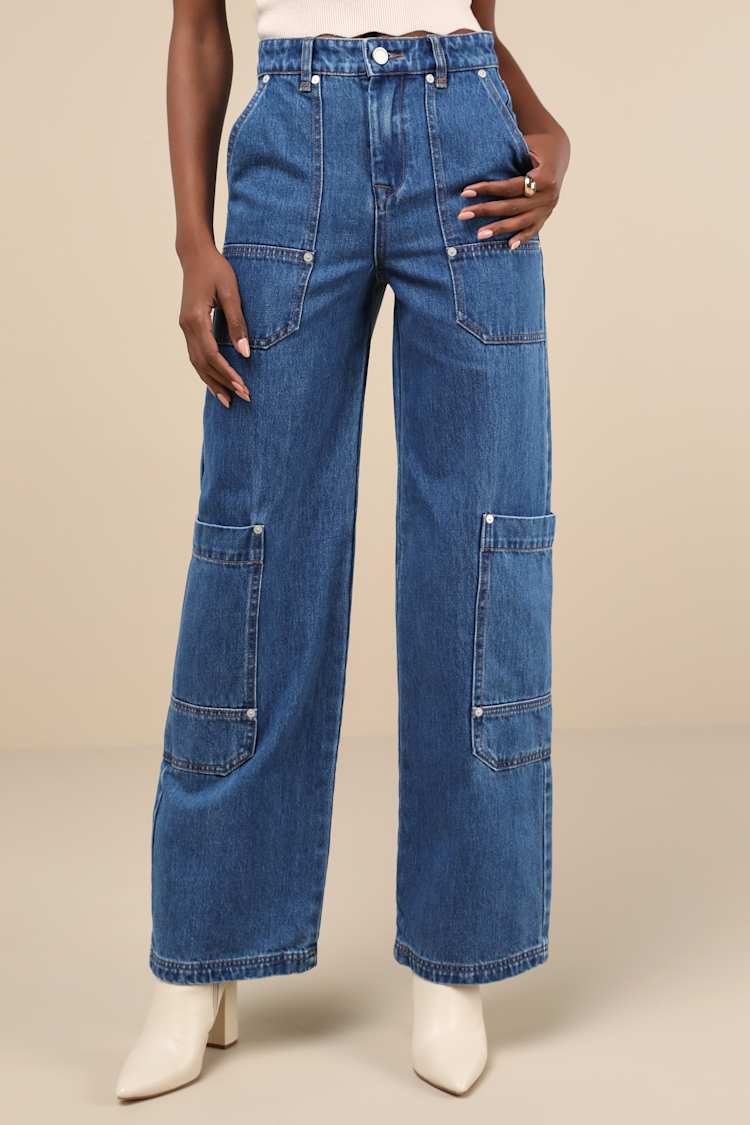 Franklin Medium Wash Cotton Denim High-Rise Wide-Leg Cargo Jeans