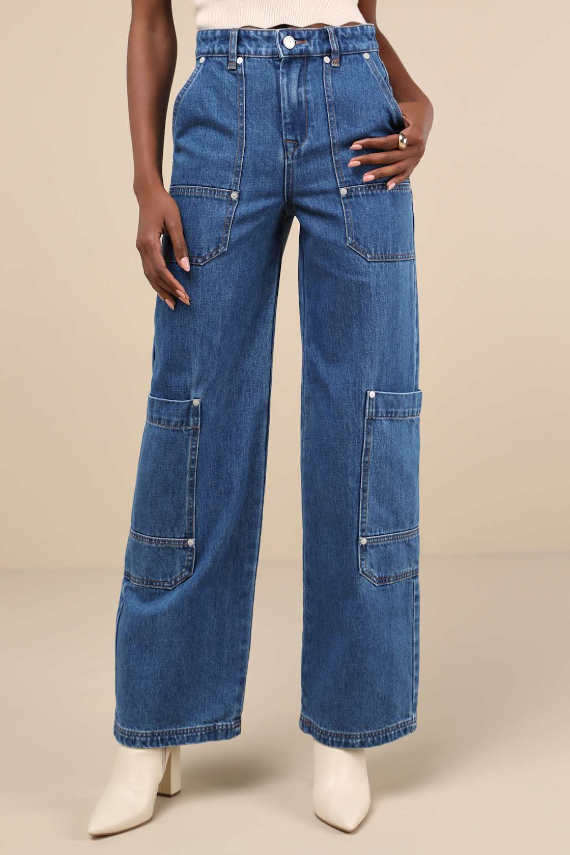 Franklin Medium Wash Cotton Denim High-Rise Wide-Leg Cargo Jeans