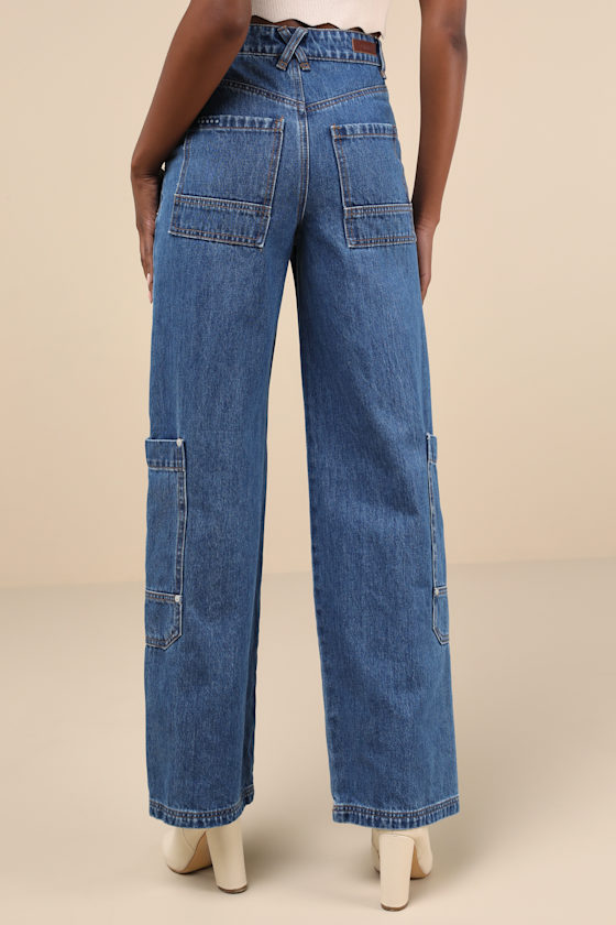 BLANKNYC FRANKLIN MEDIUM WASH COTTON DENIM HIGH-RISE WIDE-LEG CARGO JEANS 