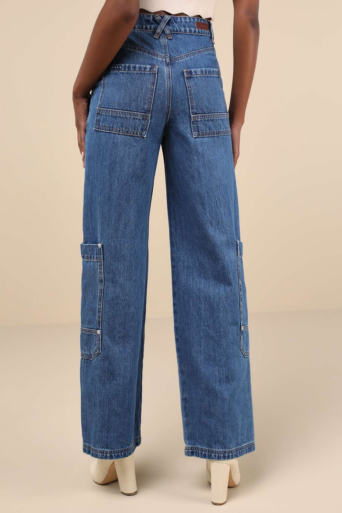 Franklin Medium Wash Cotton Denim High-Rise Wide-Leg Cargo Jeans