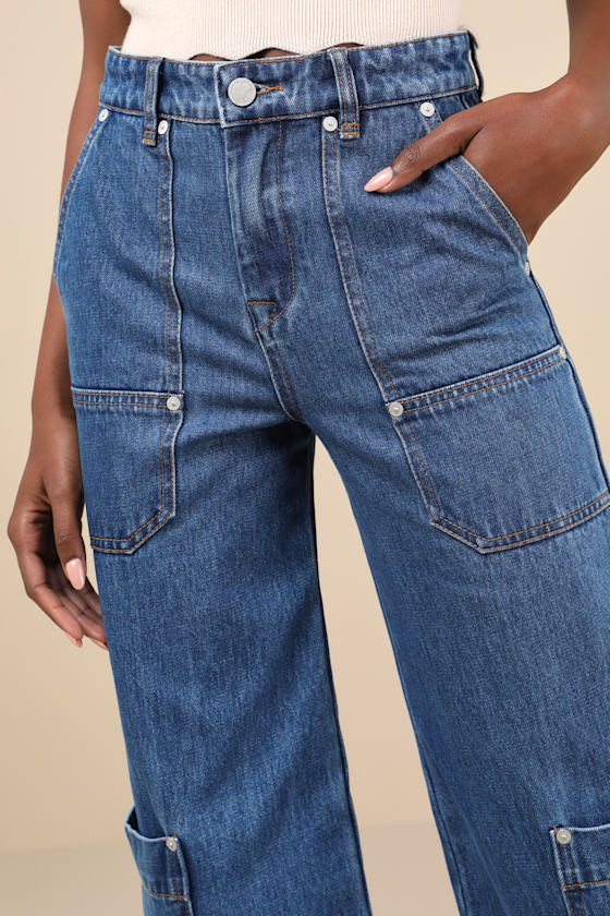 BLANKNYC FRANKLIN MEDIUM WASH COTTON DENIM HIGH-RISE WIDE-LEG CARGO JEANS 