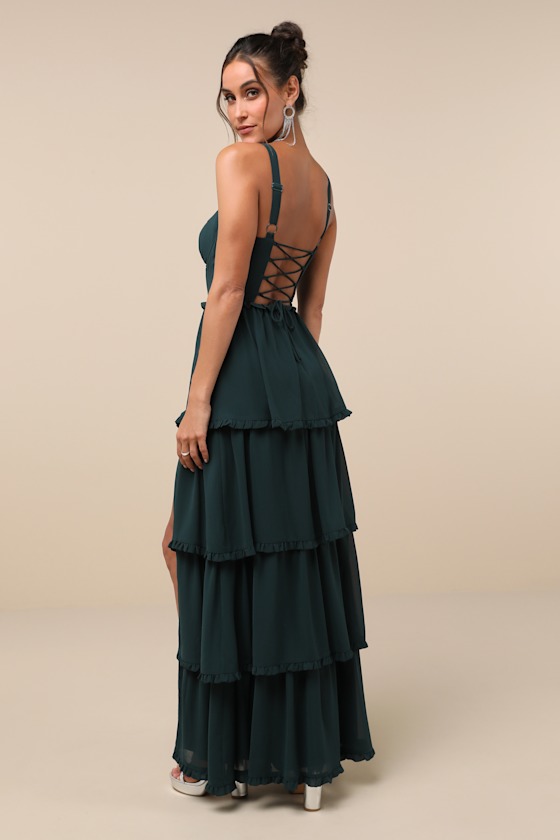 Lulus Sophisticated Occasion Emerald Green Bustier Lace-up Maxi Dress In Emerald Green