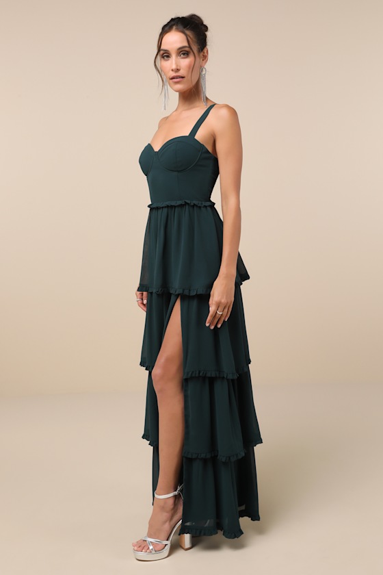 Lulus Sophisticated Occasion Emerald Green Bustier Lace-up Maxi Dress In Emerald Green