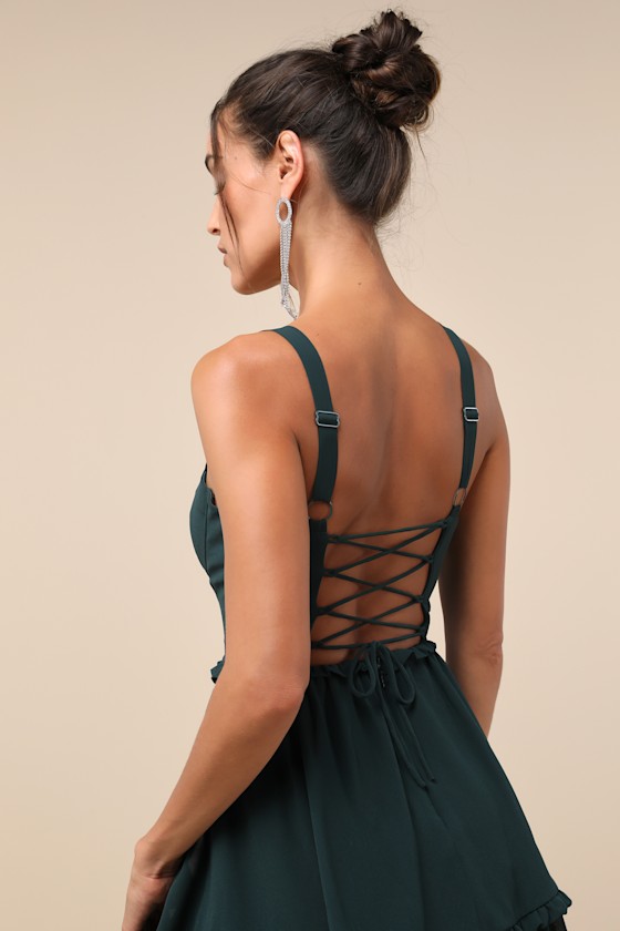 Lulus Sophisticated Occasion Emerald Green Bustier Lace-up Maxi Dress In Emerald Green