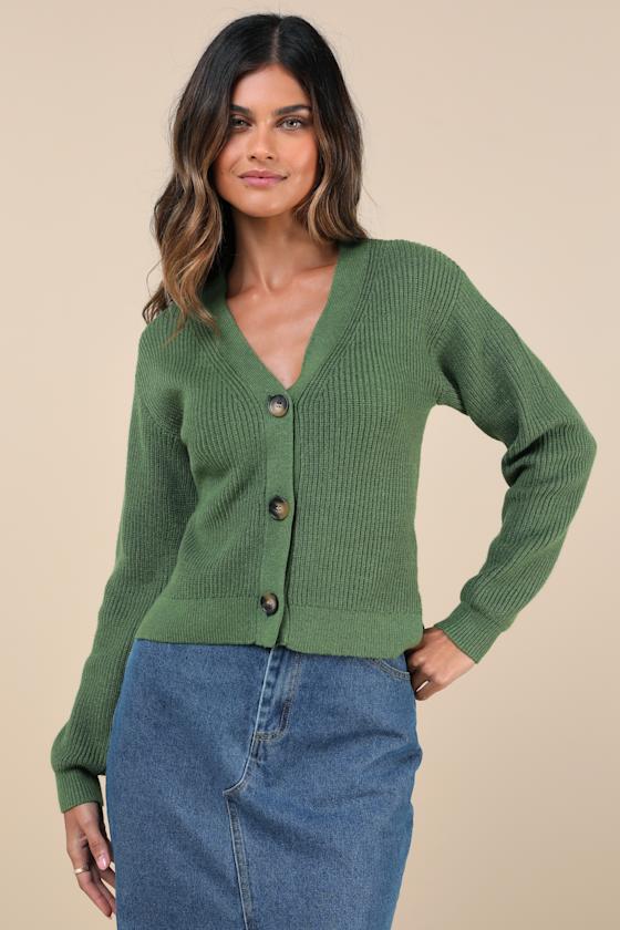 Undeniably Comfy Green V-Neck Cardigan Sweater 1