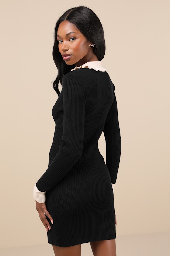 Lulus Adorable Silhouette Black And Beige Collared Mini Sweater Dress In Black And Beige